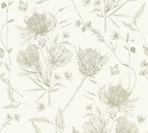 Livingwalls Vliestapete Drawn Into Nature Blumen Weiß matt leicht strukturiert