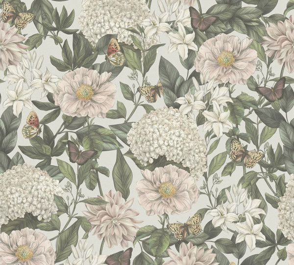 Livingwalls Vliestapete Drawn Into Nature Blumen Hellgrau matt leicht strukturiert