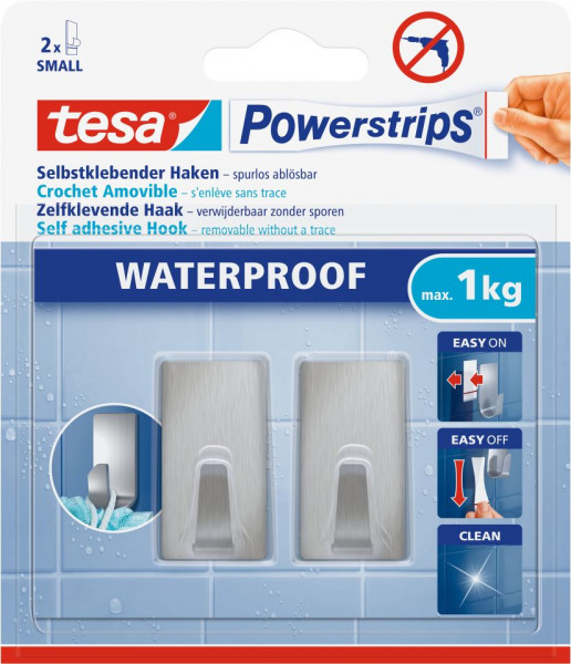 tesa® Powerstrips® Waterproof Haken Small Metall rechteckig, 2 Stück