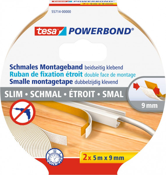 tesa® Powerbond® Montageband Schmal 2 x 5 m x 9 mm