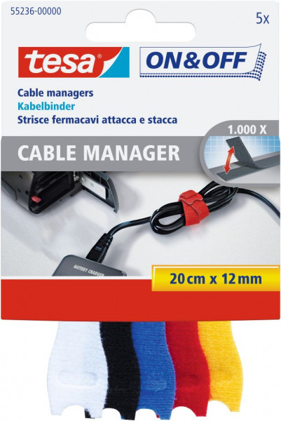 tesa® On & Off® Cable Manager, Klett Kabelbinder bunt 5 x 20 cm x 12 mm